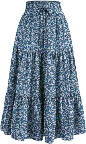 Floral Maxi Skirt for Women Summer Comfy Tiered Elastic High Waisted Boho Skirts Vacation A-Line Flowy Swing Long Skirts