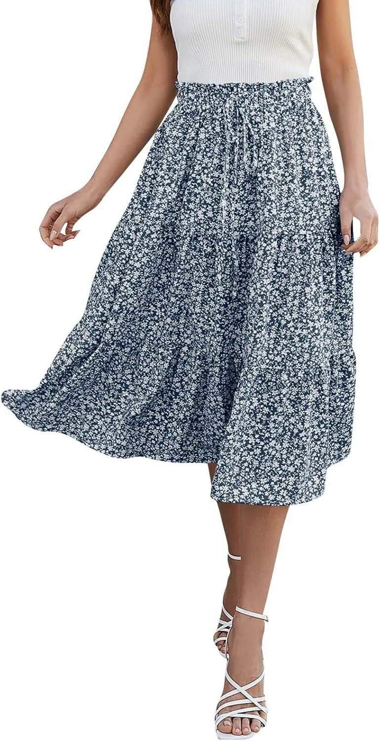 Floral Maxi Skirt for Women Summer Comfy Tiered Elastic High Waisted Boho Skirts Vacation A-Line Flowy Swing Long Skirts