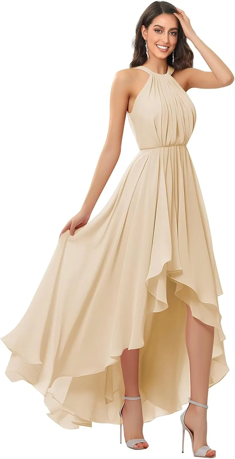 Flowy Chiffon Bridesmaid Dresses for Women Long A-Line Hi-Lo Halter Pleated Formal Evening Dress with Slit
