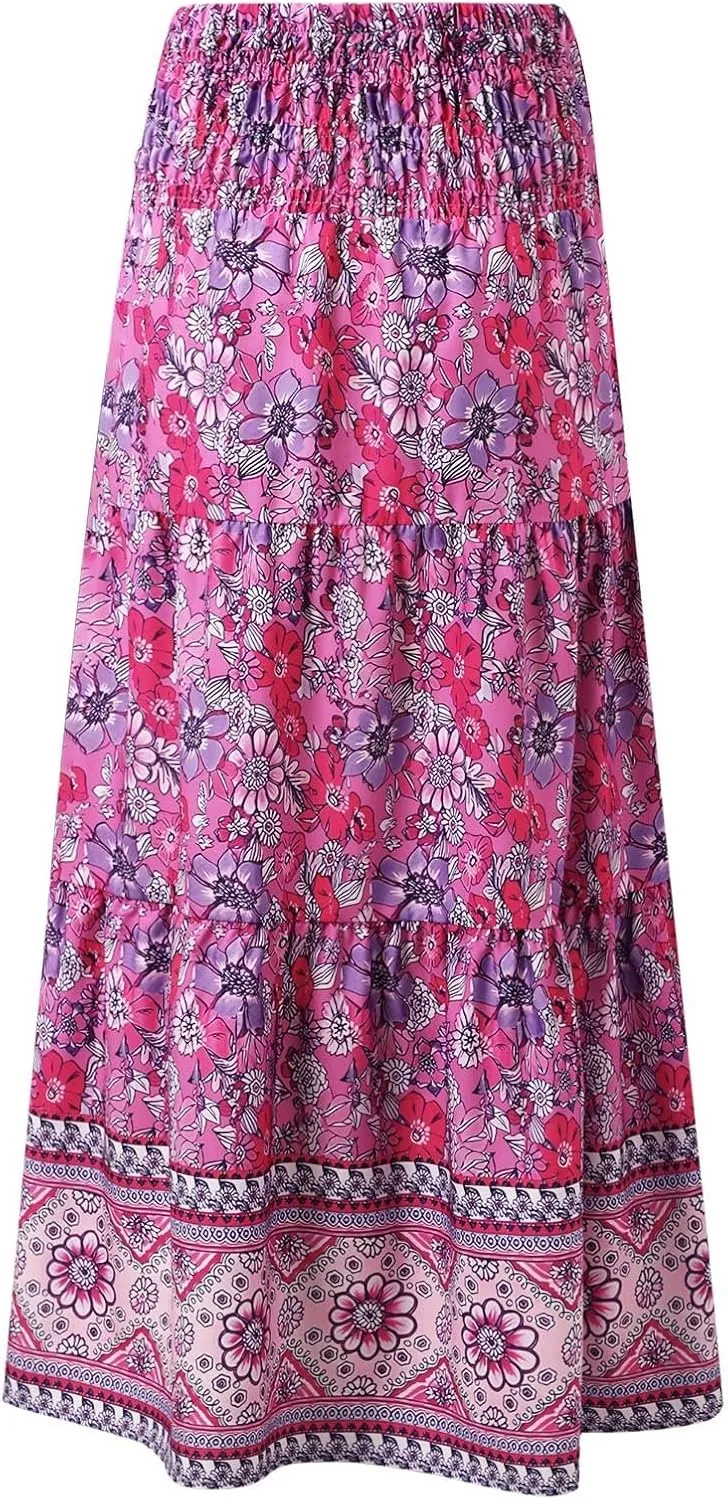 Flowy Skirts for Women Boho Summer Casual Floral Maxi Skirt Cute Tiered Vacation High Waisted A Line Long Skirts Trendy