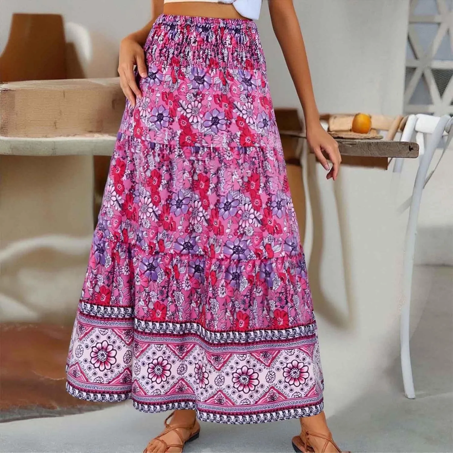 Flowy Skirts for Women Boho Summer Casual Floral Maxi Skirt Cute Tiered Vacation High Waisted A Line Long Skirts Trendy