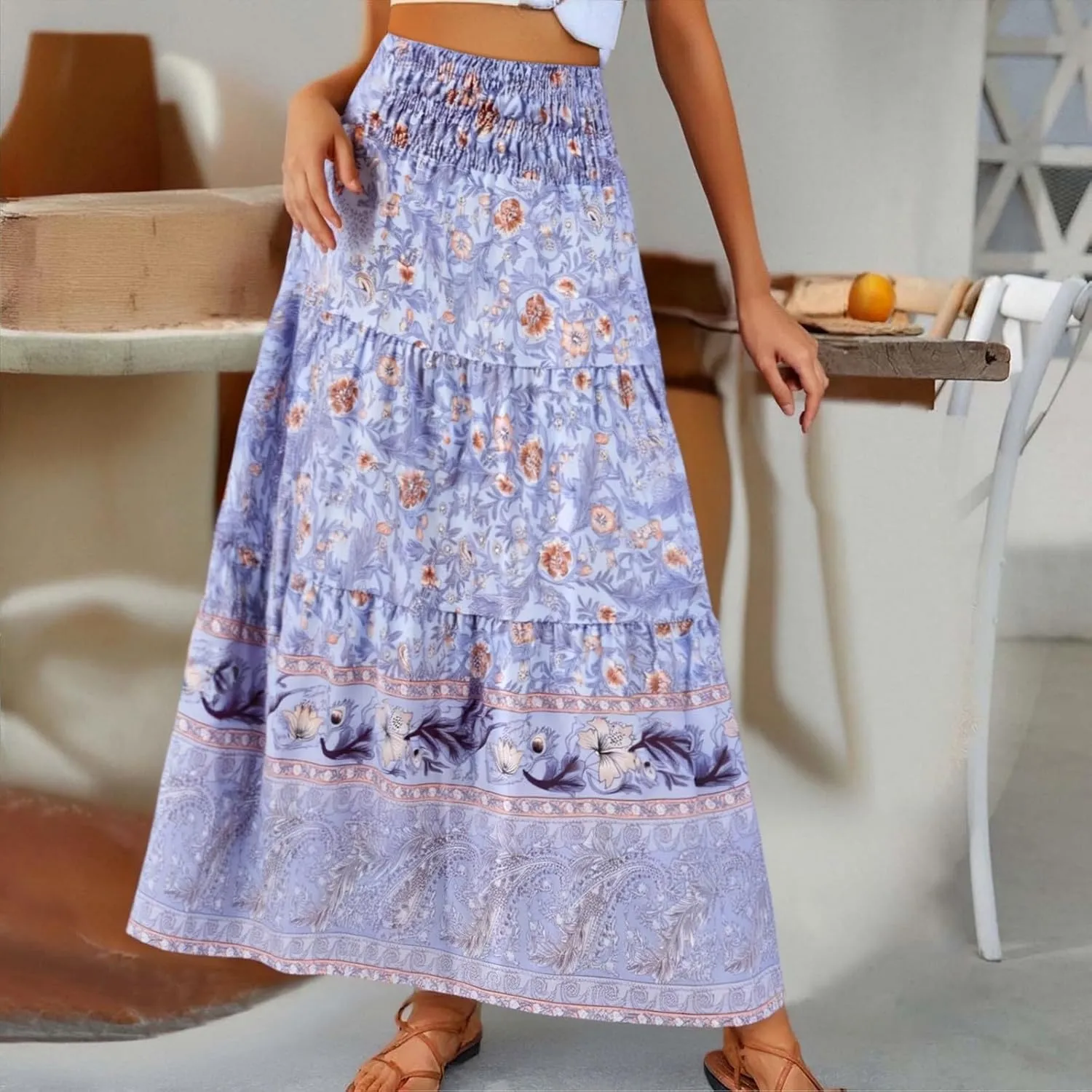 Flowy Skirts for Women Boho Summer Casual Floral Maxi Skirt Cute Tiered Vacation High Waisted A Line Long Skirts Trendy