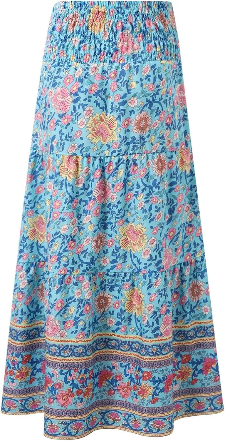 Flowy Skirts for Women Boho Summer Casual Floral Maxi Skirt Cute Tiered Vacation High Waisted A Line Long Skirts Trendy