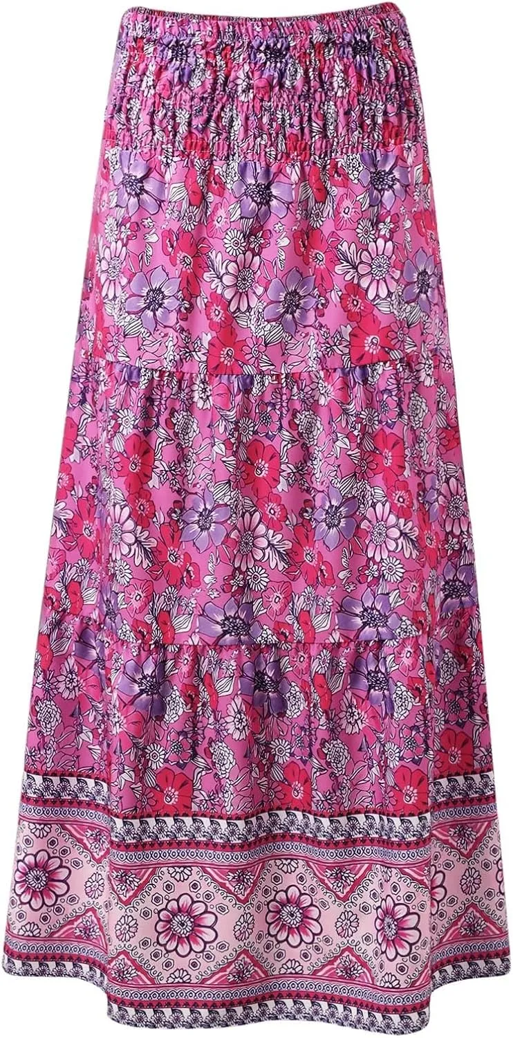 Flowy Skirts for Women Boho Summer Casual Floral Maxi Skirt Cute Tiered Vacation High Waisted A Line Long Skirts Trendy