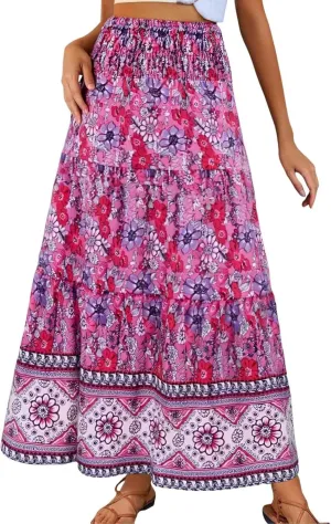 Flowy Skirts for Women Boho Summer Casual Floral Maxi Skirt Cute Tiered Vacation High Waisted A Line Long Skirts Trendy
