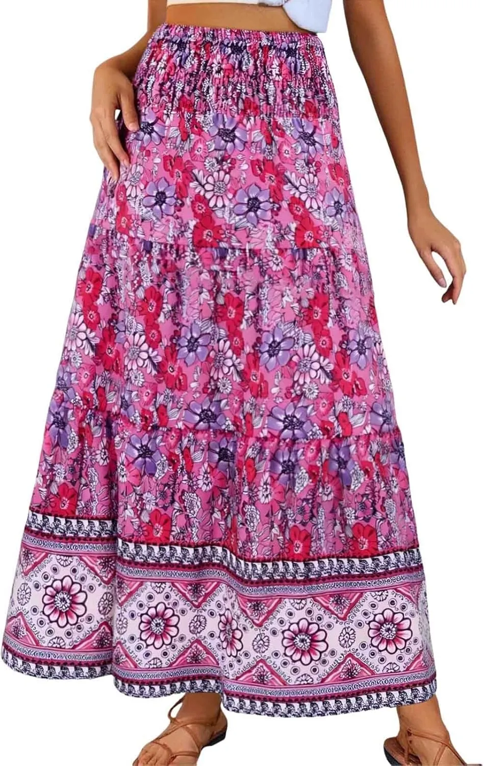 Flowy Skirts for Women Boho Summer Casual Floral Maxi Skirt Cute Tiered Vacation High Waisted A Line Long Skirts Trendy