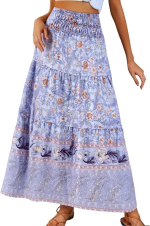 Flowy Skirts for Women Boho Summer Casual Floral Maxi Skirt Cute Tiered Vacation High Waisted A Line Long Skirts Trendy