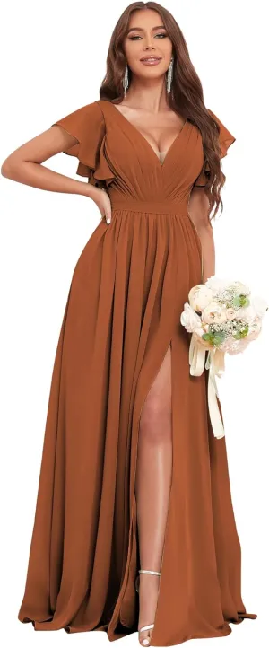 Flutter Sleeve Bridesmaid Dresses for Wedding Chiffon V Neck Pleated Long Formal Prom Dress with Slit Pockets
