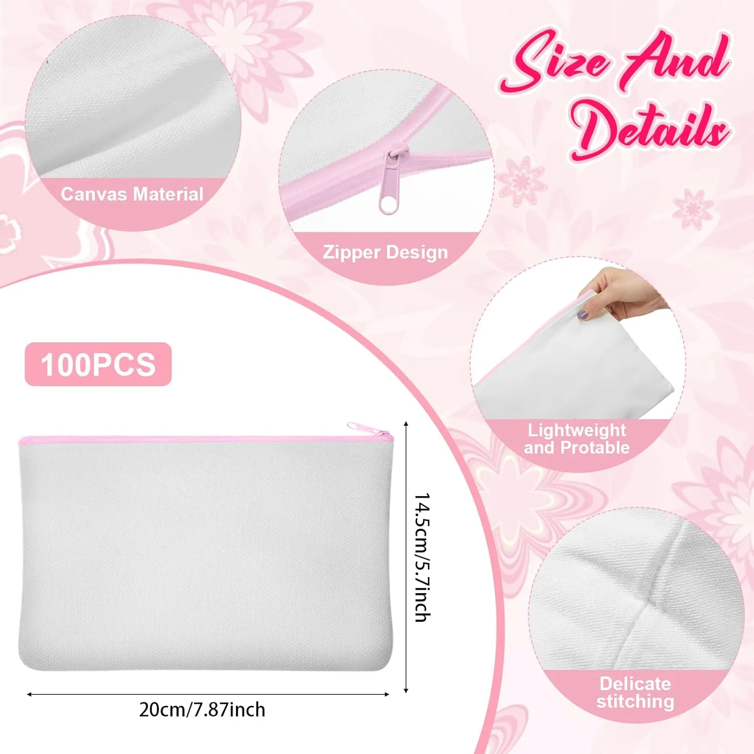 Frienda 100 Pcs Sublimation Blank Canvas Makeup Bags Bulk DIY Heat Transfer Canvas Pen Case Pencil Cosmetic Makeup Bags Clear Sublimation Blank Pouch with Zipper (7.87 x 5.7 Inch,Pink)
