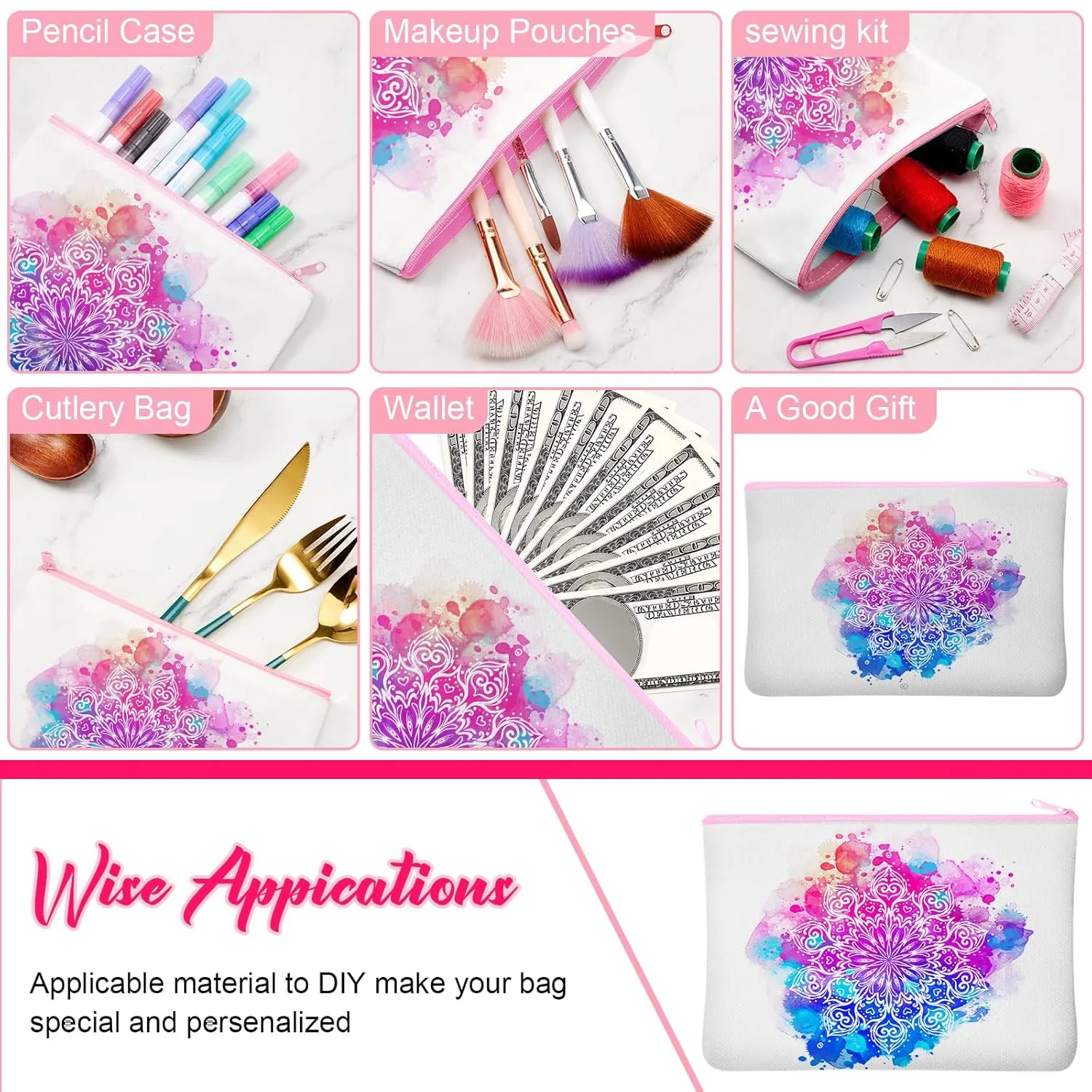 Frienda 100 Pcs Sublimation Blank Canvas Makeup Bags Bulk DIY Heat Transfer Canvas Pen Case Pencil Cosmetic Makeup Bags Clear Sublimation Blank Pouch with Zipper (7.87 x 5.7 Inch,Pink)