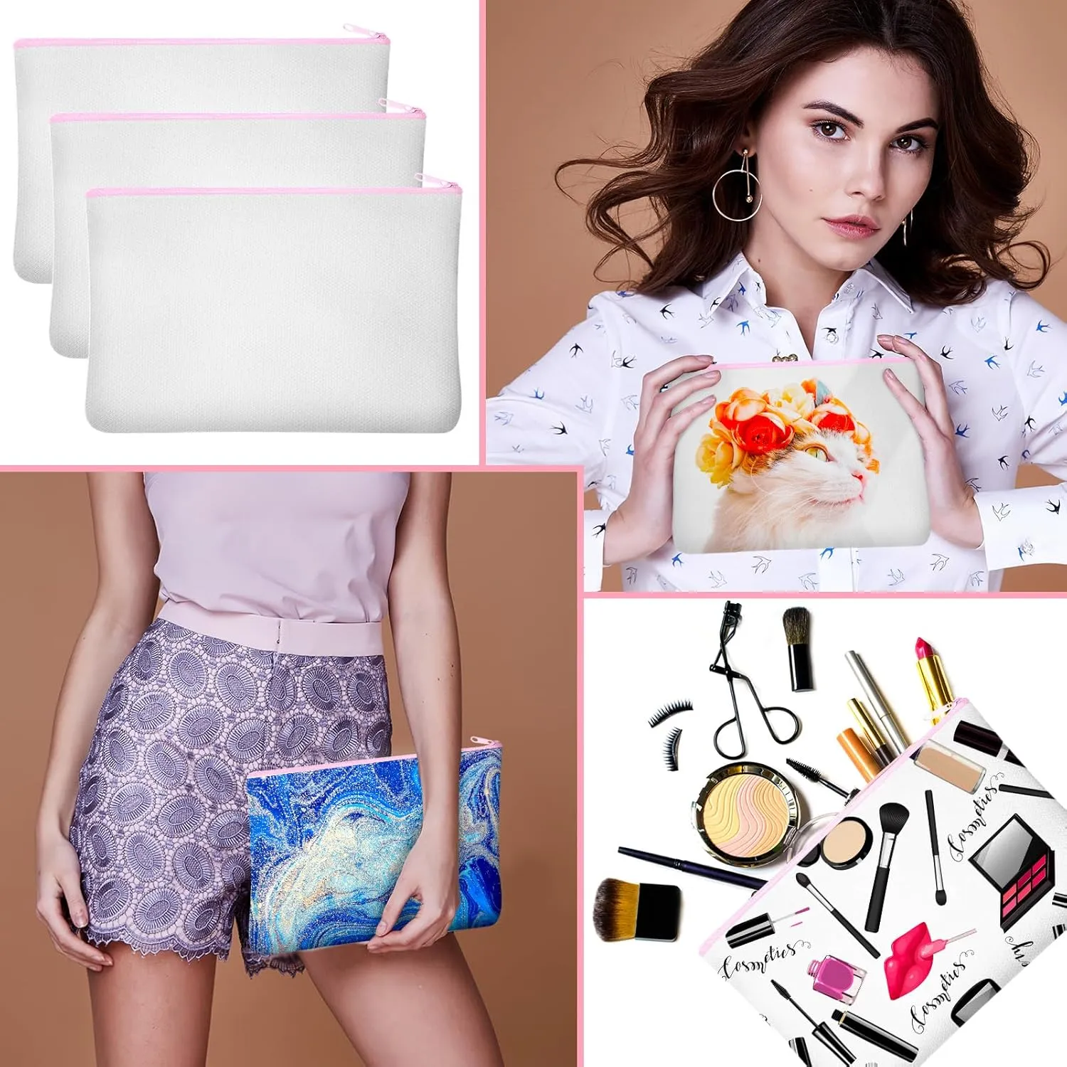 Frienda 100 Pcs Sublimation Blank Canvas Makeup Bags Bulk DIY Heat Transfer Canvas Pen Case Pencil Cosmetic Makeup Bags Clear Sublimation Blank Pouch with Zipper (7.87 x 5.7 Inch,Pink)
