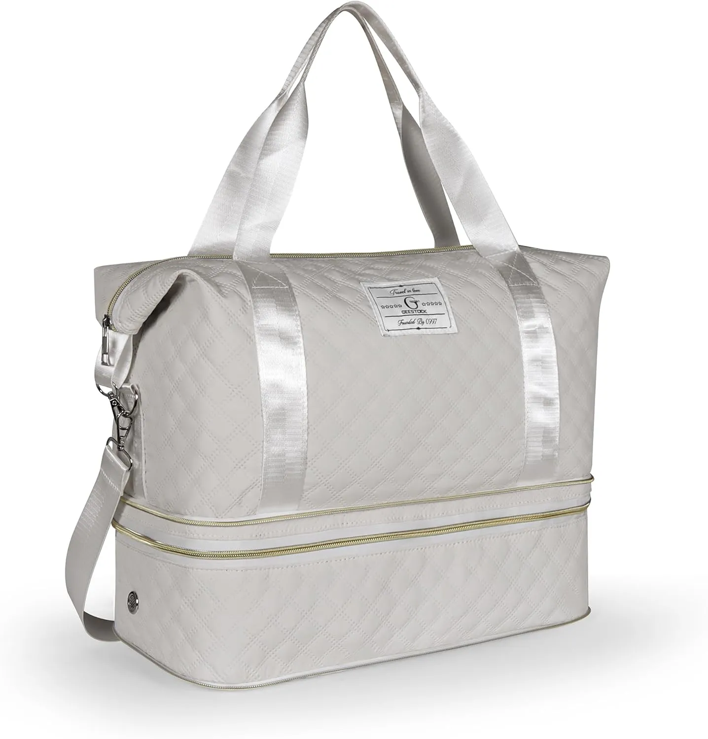 Geestock Travel Duffle Bag for Women Men, Expandable Weekender Overnight Bags with Shoes Compartment, Lightweight Carry on Personal Item Duffle Gym Bag for Travel, Airplanes, Sports (Off-White)