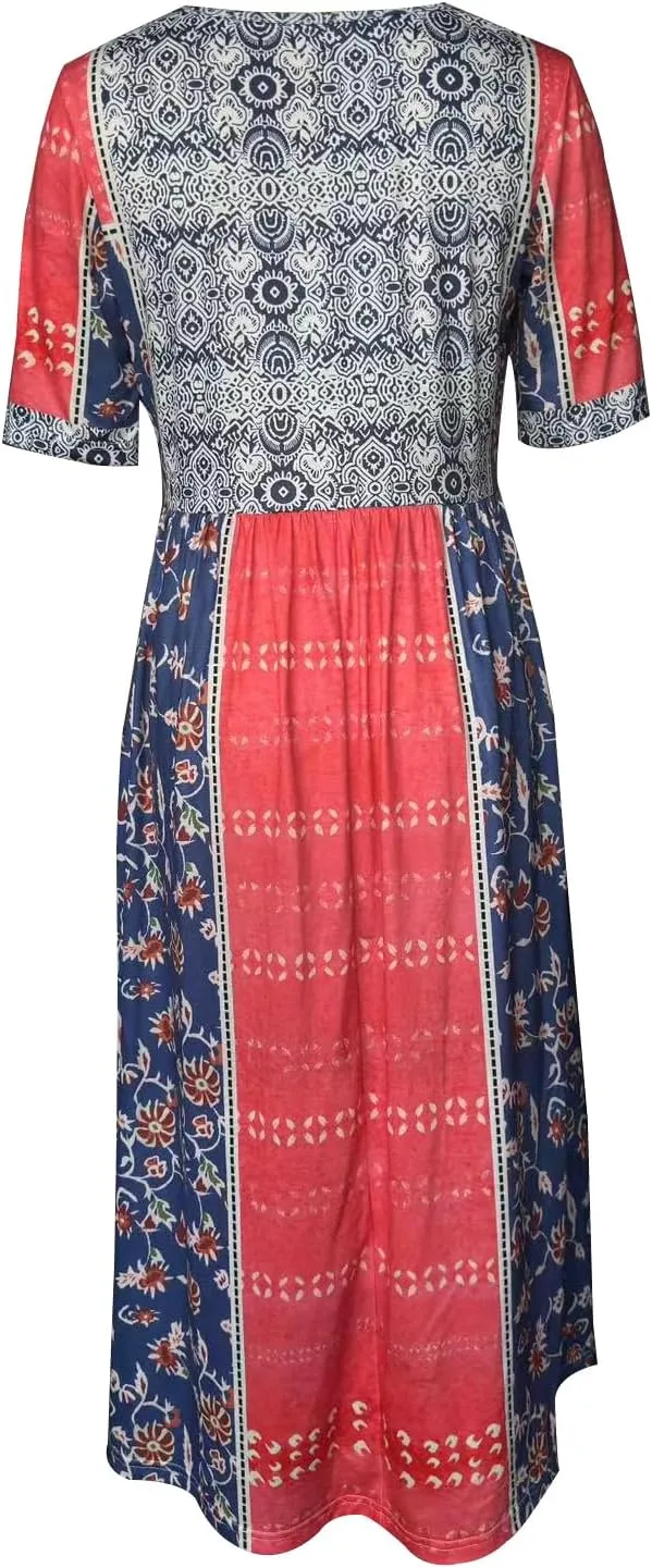 Geleglaer Women's Boho Floral Maxi Dress Summer Casual Crew Neck Short Sleeve Dress Flowy Bohemian Tshirt Dress with Pockets