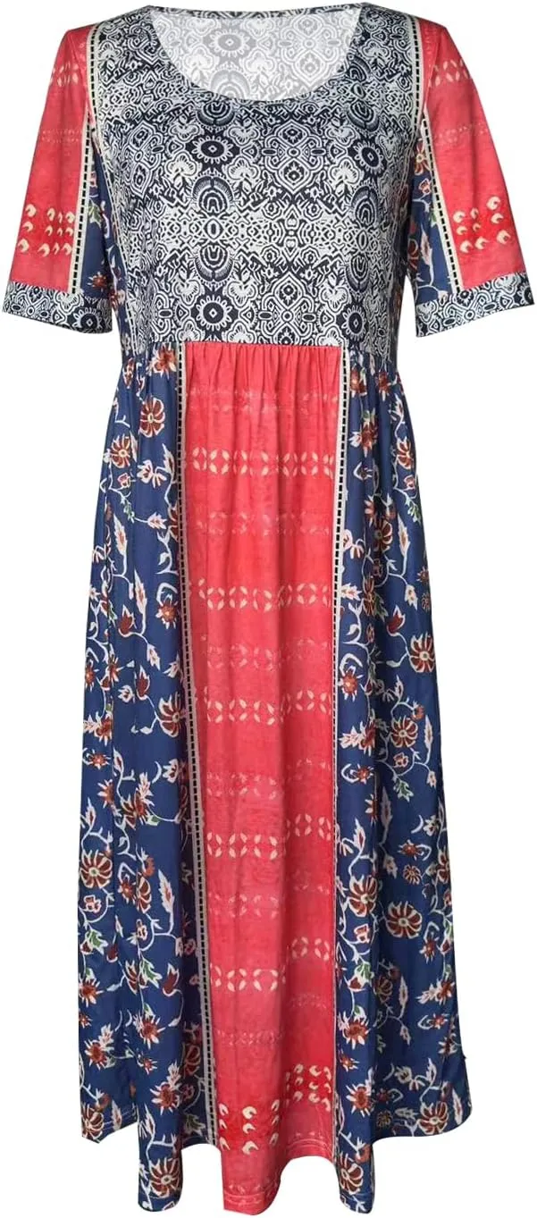 Geleglaer Women's Boho Floral Maxi Dress Summer Casual Crew Neck Short Sleeve Dress Flowy Bohemian Tshirt Dress with Pockets