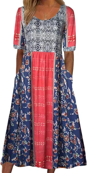 Geleglaer Women's Boho Floral Maxi Dress Summer Casual Crew Neck Short Sleeve Dress Flowy Bohemian Tshirt Dress with Pockets