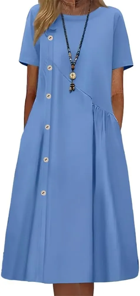 Geleglaer Women's Casual Loose Half Sleeve Cotton Linen Midi Dress Summer Side Button Beach Sundresses for Women 2025