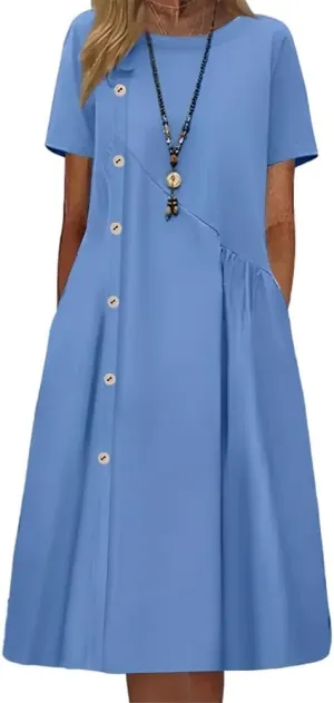 Geleglaer Women's Casual Loose Half Sleeve Cotton Linen Midi Dress Summer Side Button Beach Sundresses for Women 2025