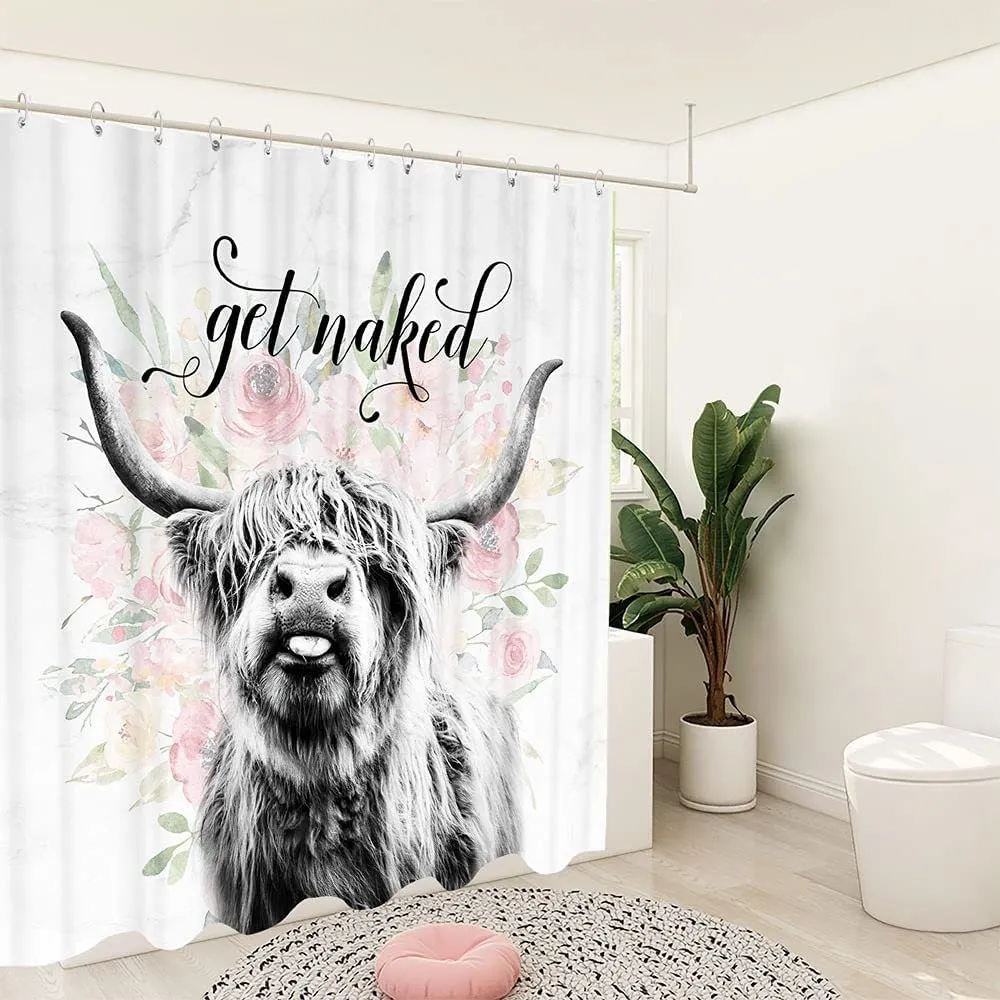 Get Naked Shower Curtain Farmhouse Highland Shower Curtain, Funny Animal Cattle Bull Cow Floral  72x72Inch Western Bathroom