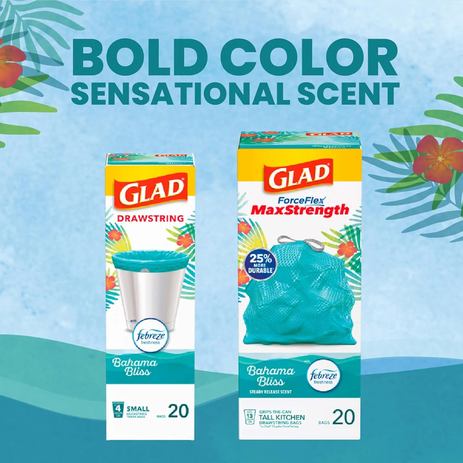 Glad ForceFlex MaxStrength Tall Kitchen Drawstring Trash Bags, 13 Gallon, Bahama Bliss, Teal, 90 Ct