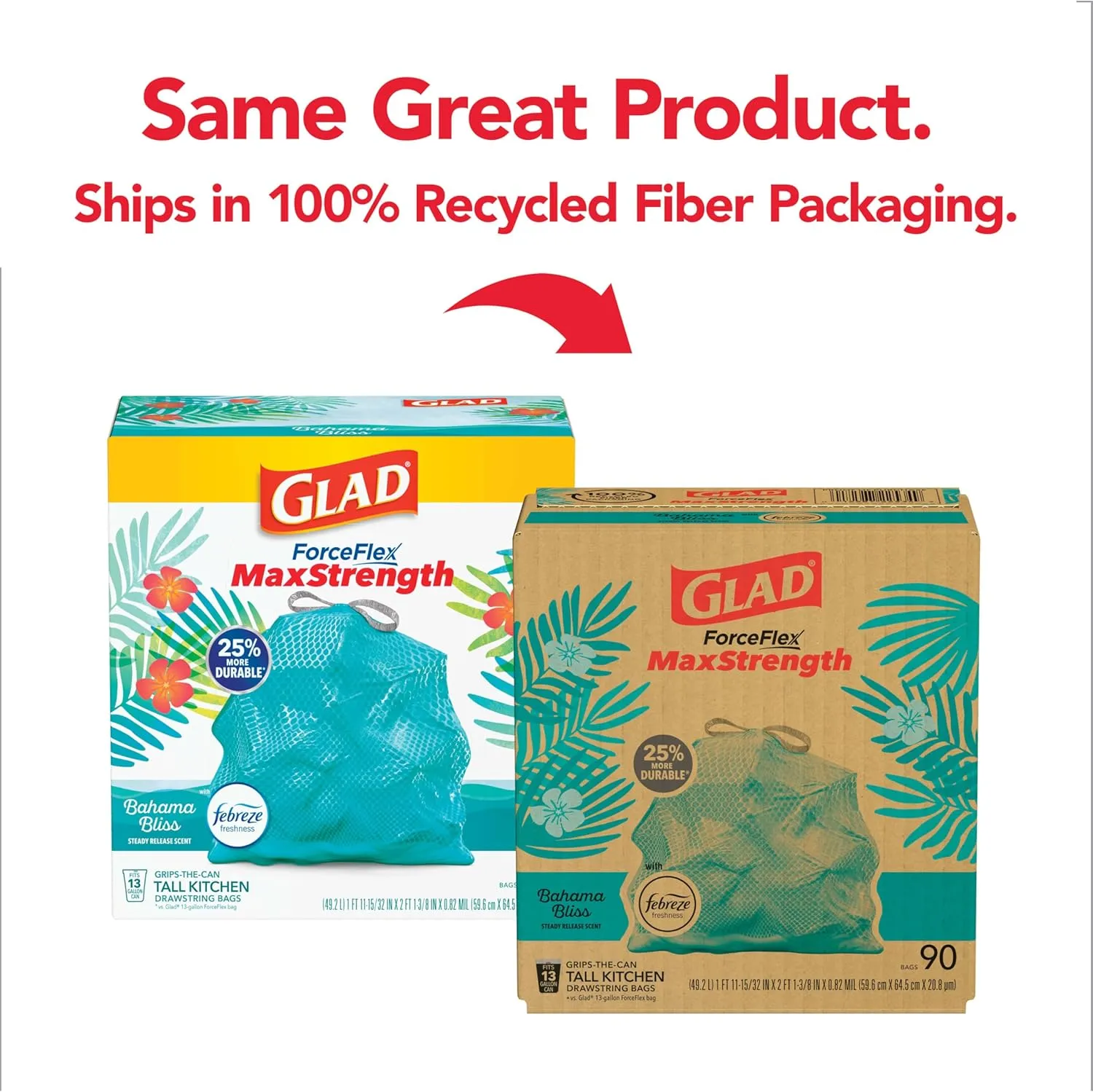 Glad ForceFlex MaxStrength Tall Kitchen Drawstring Trash Bags, 13 Gallon, Bahama Bliss, Teal, 90 Ct