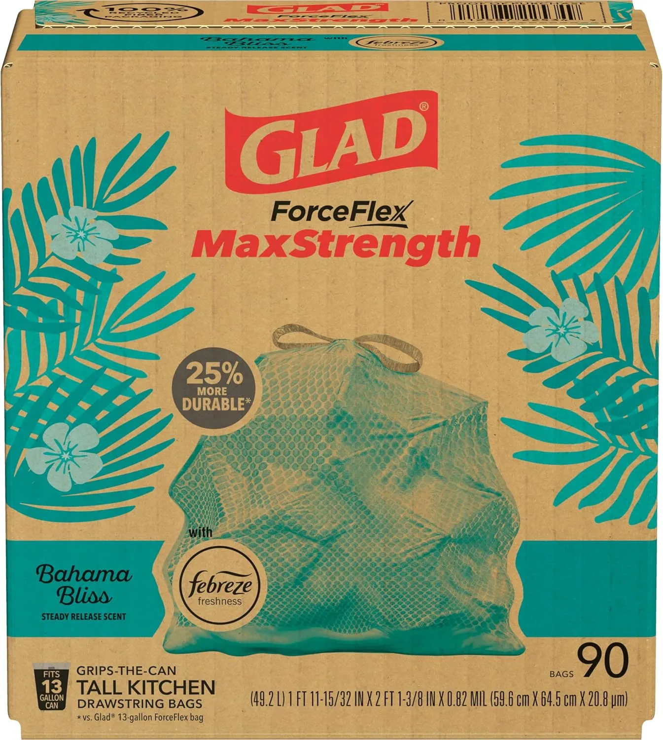 Glad ForceFlex MaxStrength Tall Kitchen Drawstring Trash Bags, 13 Gallon, Bahama Bliss, Teal, 90 Ct