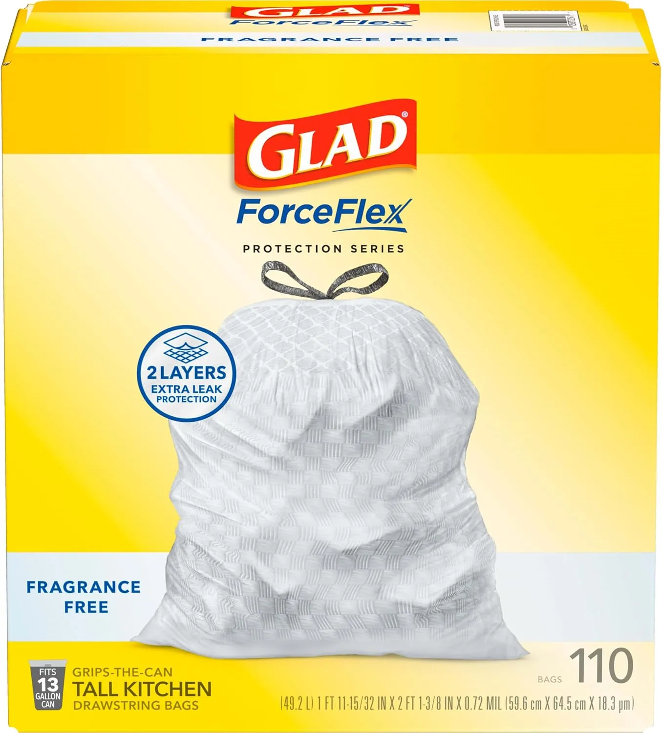 Glad ForceFlex Tall Kitchen Drawstring Trash Bags, 13 Gal, Fragrance Free, 110 Ct, Pack May Vary