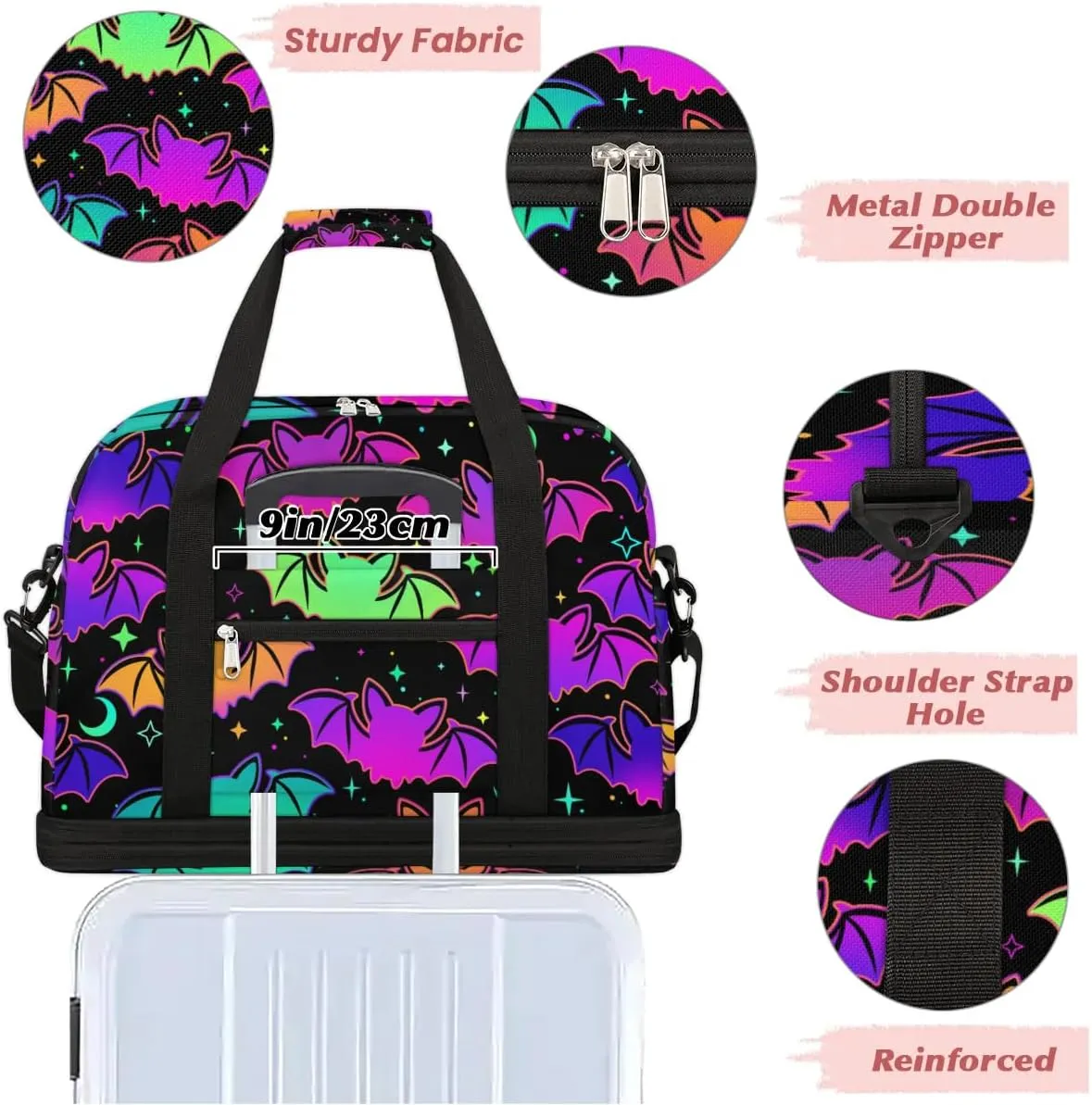 Gym Bag for Men Women, Halloween Bat Carry on Travel Duffel Bag with Trolley Sleeve, Waterproof Weekender Overnight Bags with Shoes and Wet Clothes Compartment for Sleepover Workout Sports