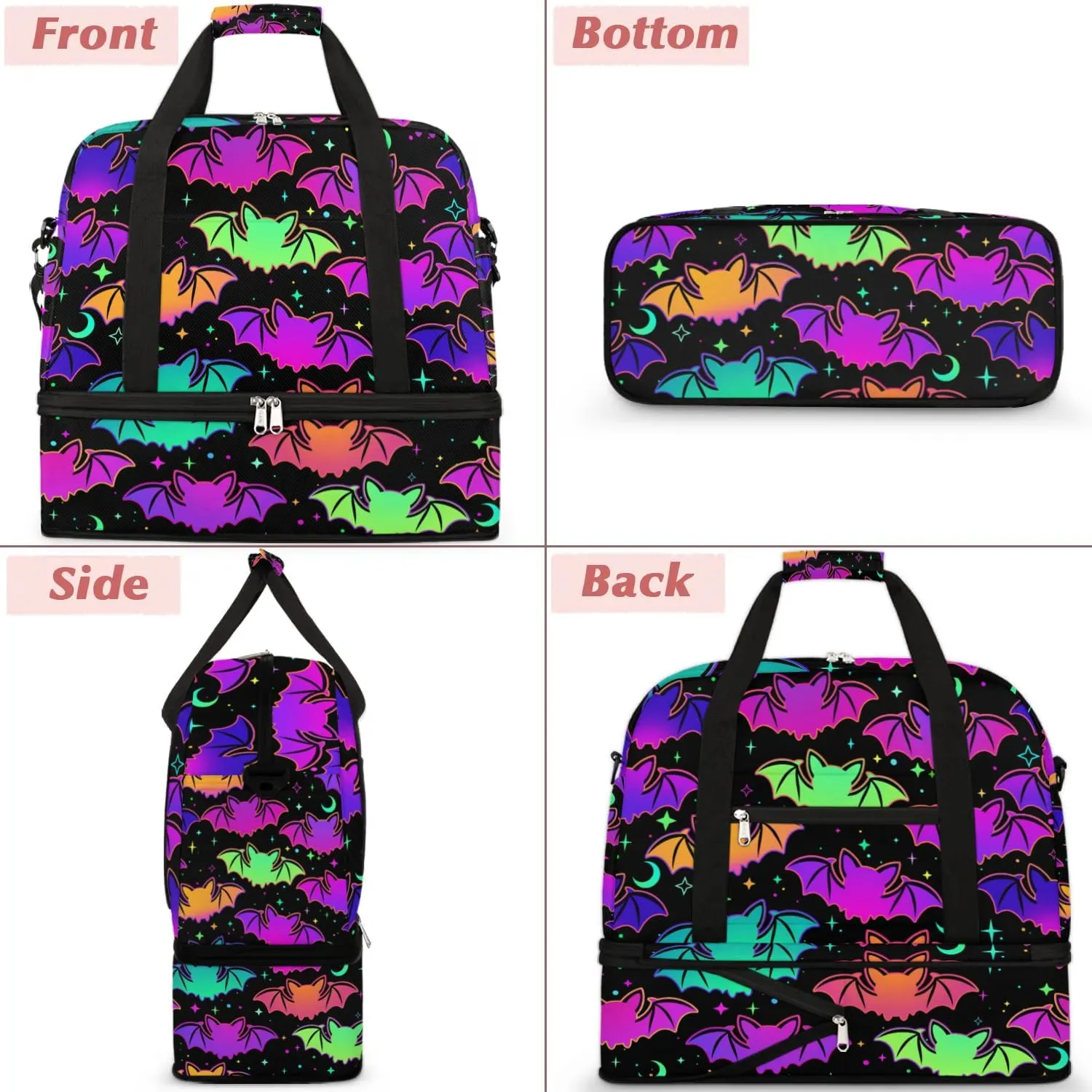 Gym Bag for Men Women, Halloween Bat Carry on Travel Duffel Bag with Trolley Sleeve, Waterproof Weekender Overnight Bags with Shoes and Wet Clothes Compartment for Sleepover Workout Sports