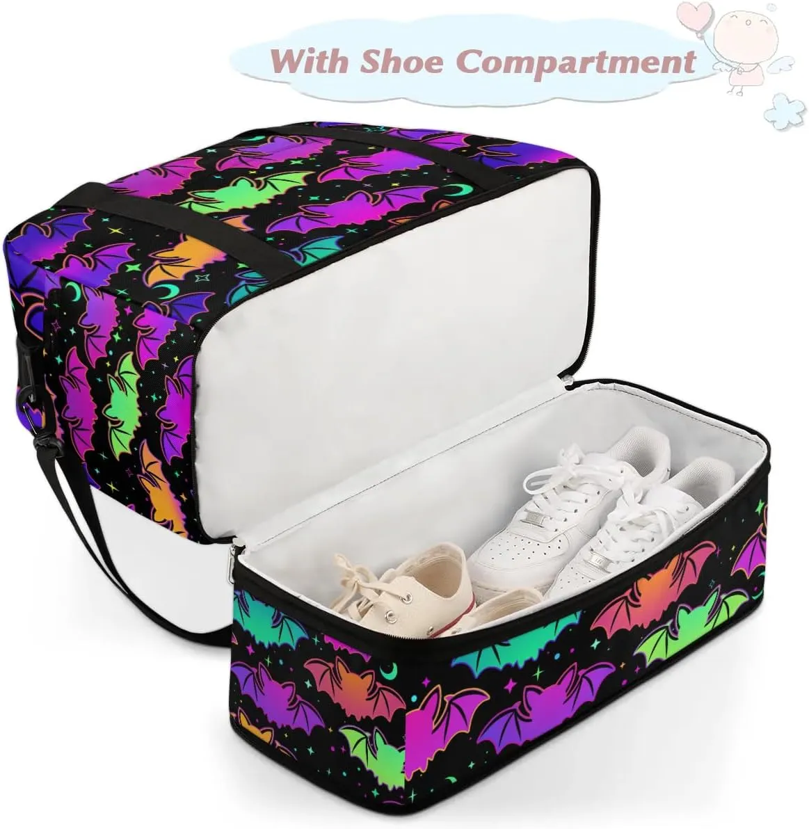 Gym Bag for Men Women, Halloween Bat Carry on Travel Duffel Bag with Trolley Sleeve, Waterproof Weekender Overnight Bags with Shoes and Wet Clothes Compartment for Sleepover Workout Sports