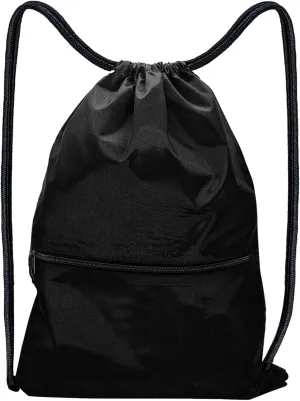 Gym Sack Drawstring Bag with Zip Pocket Personalised Waterproof for Mens Womens Adults Sports Swimming PE Backpack Travel (Black)