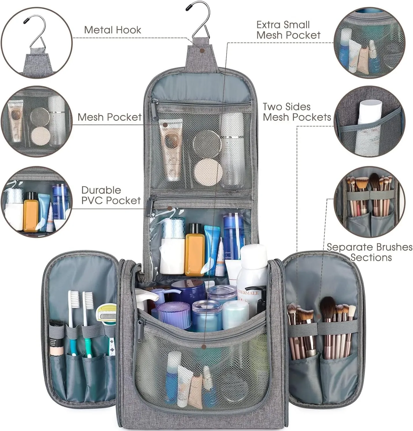 Hanging Toiletry Bag for Women Travel Makeup Bag Organizer Toiletries Bag Men for Cosmetics Essentials Accessories (Large, Grey)