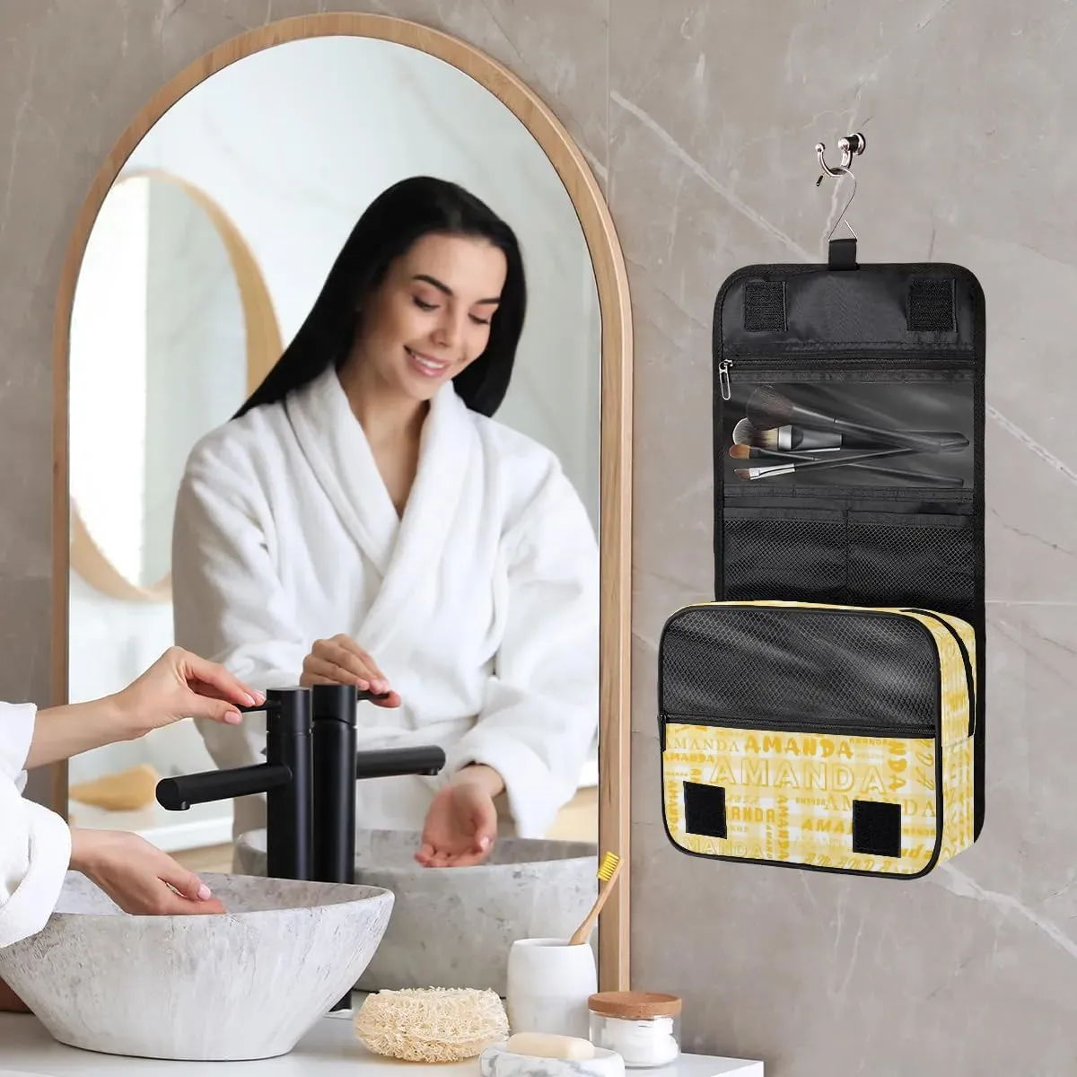 Hanging Travel Toiletry Bag Cosmetic Bag Portable Wash Bag with Hook for Bathroom Accessories Toiletries Cosmetics Amber Grid