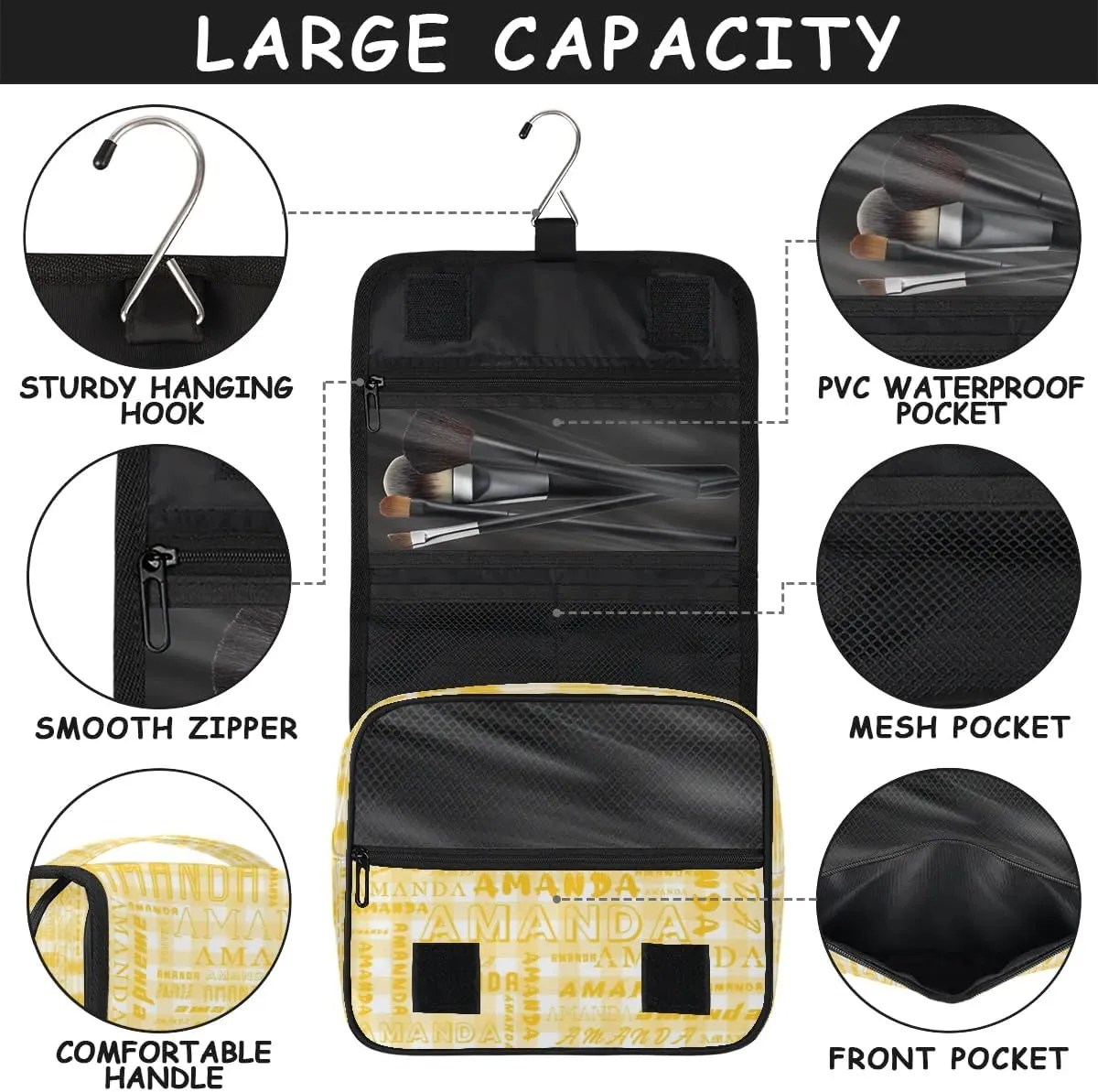 Hanging Travel Toiletry Bag Cosmetic Bag Portable Wash Bag with Hook for Bathroom Accessories Toiletries Cosmetics Amber Grid