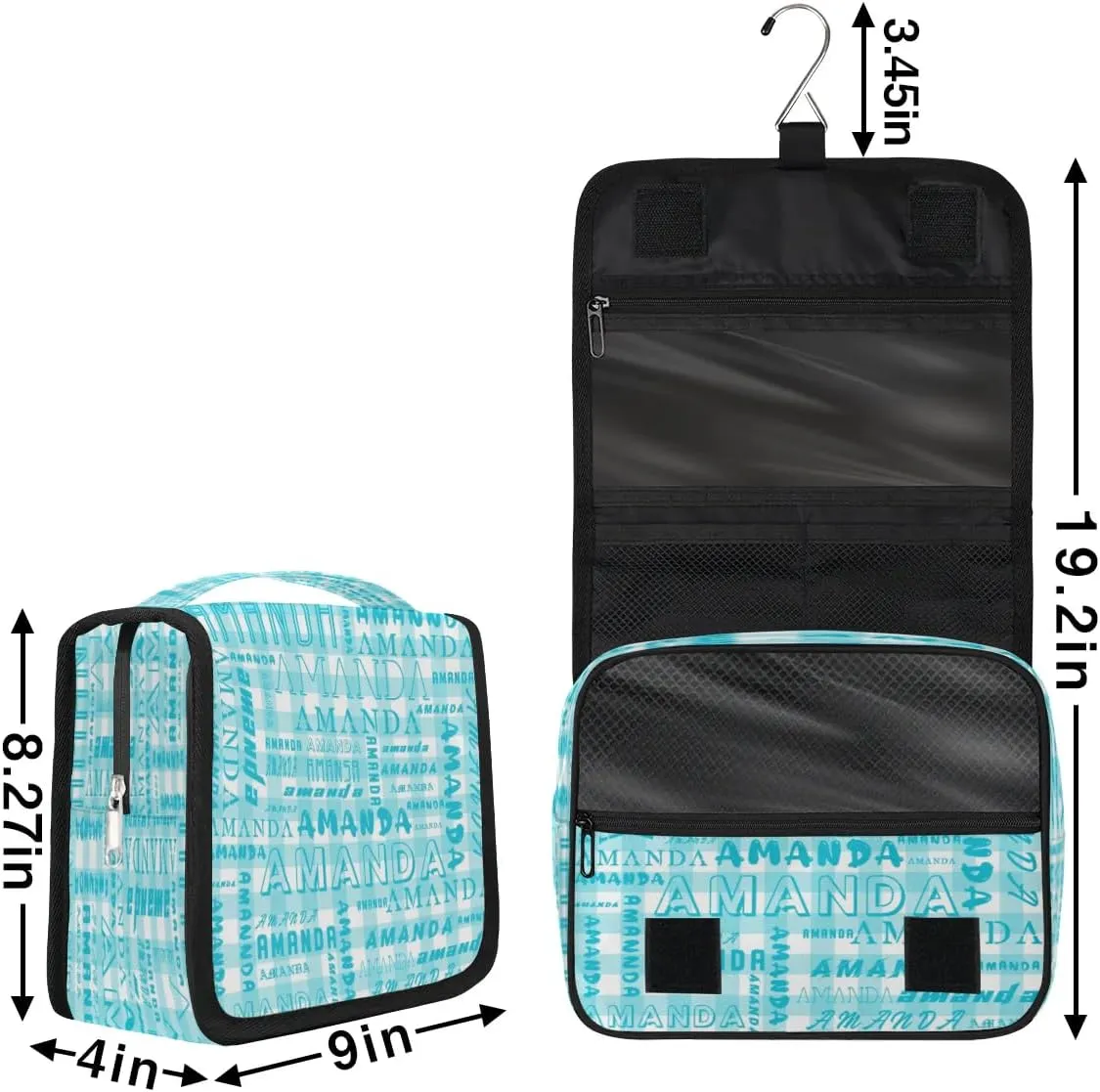 Hanging Travel Toiletry Bag Cosmetic Bag Portable Wash Bag with Hook for Bathroom Accessories Toiletries Cosmetics Cyan Grid