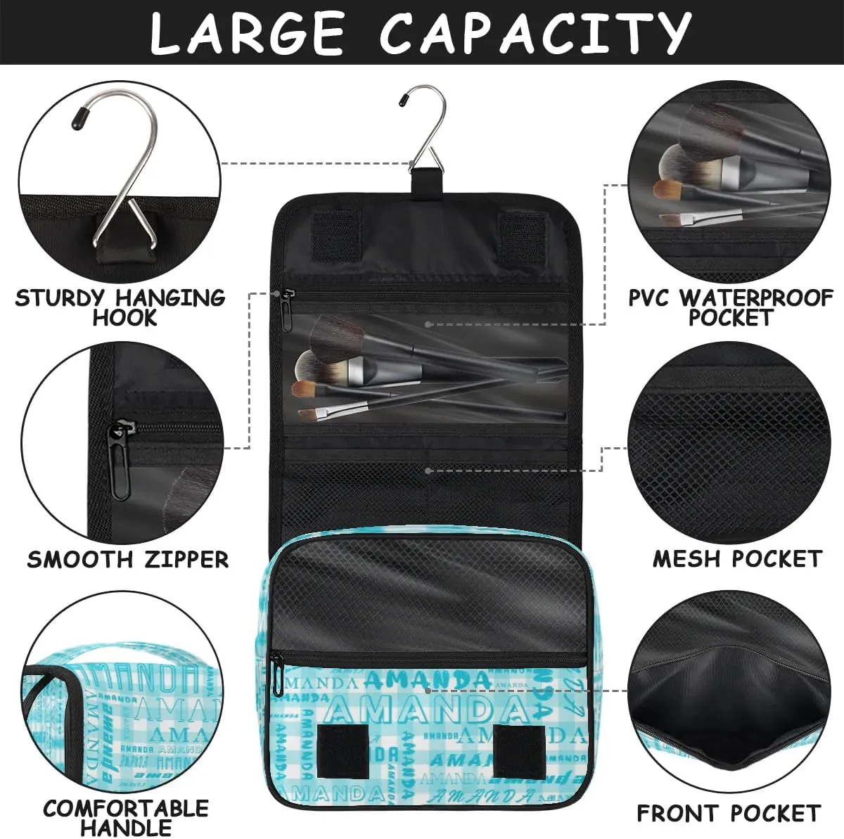 Hanging Travel Toiletry Bag Cosmetic Bag Portable Wash Bag with Hook for Bathroom Accessories Toiletries Cosmetics Cyan Grid