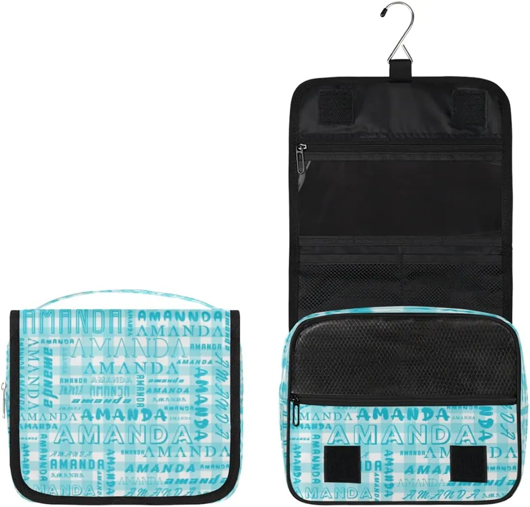 Hanging Travel Toiletry Bag Cosmetic Bag Portable Wash Bag with Hook for Bathroom Accessories Toiletries Cosmetics Cyan Grid