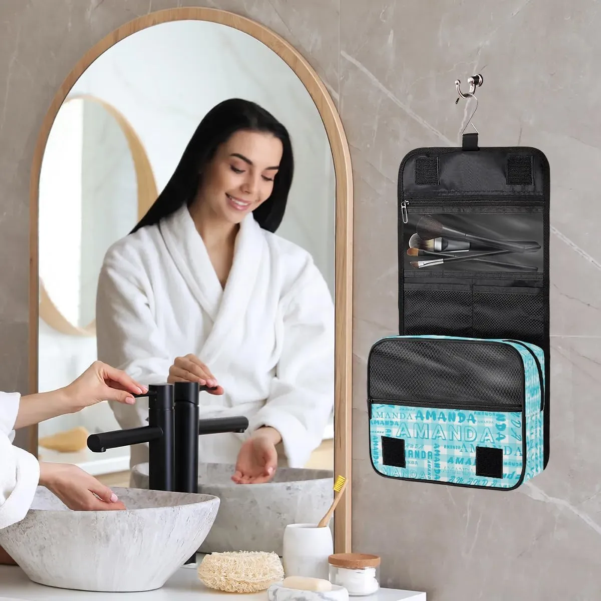 Hanging Travel Toiletry Bag Cosmetic Bag Portable Wash Bag with Hook for Bathroom Accessories Toiletries Cosmetics Cyan Grid