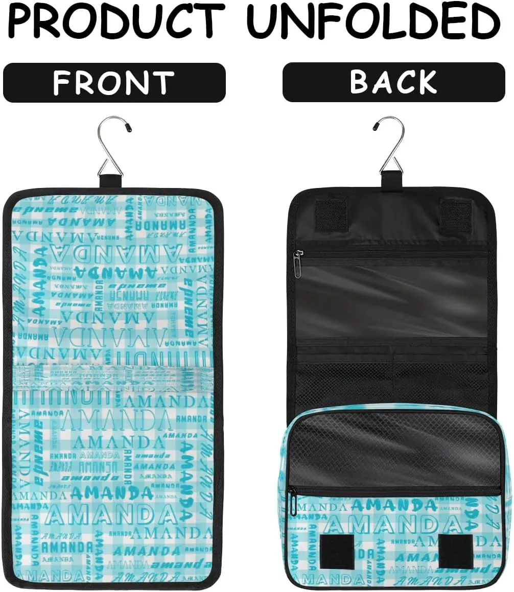 Hanging Travel Toiletry Bag Cosmetic Bag Portable Wash Bag with Hook for Bathroom Accessories Toiletries Cosmetics Cyan Grid