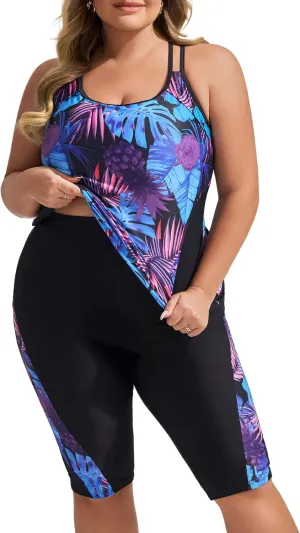 Hanna Nikole Women's Plus Size Tankini Swimsuits Two Piece Bathing Suits Rash Guard Swimwear with Capris Shorts