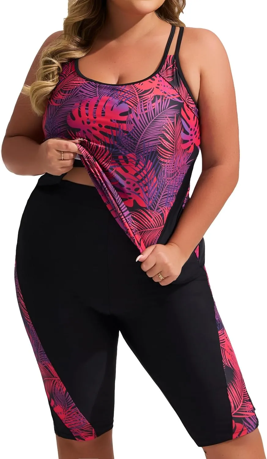 Hanna Nikole Women's Plus Size Tankini Swimsuits Two Piece Bathing Suits Rash Guard Swimwear with Capris Shorts