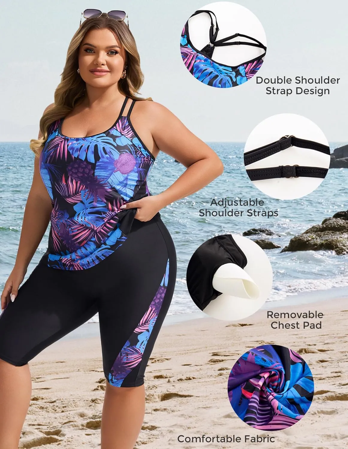 Hanna Nikole Women's Plus Size Tankini Swimsuits Two Piece Bathing Suits Rash Guard Swimwear with Capris Shorts
