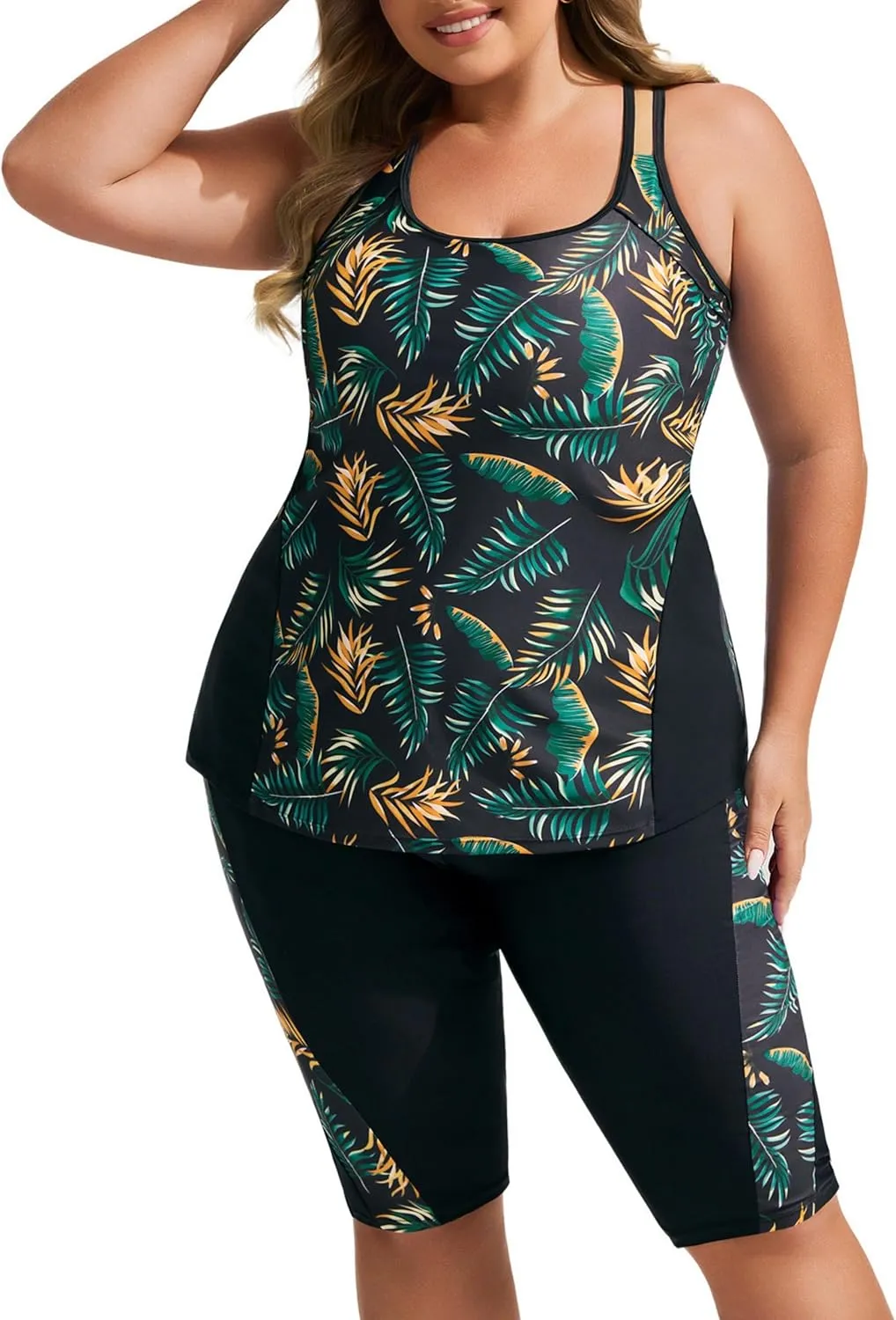 Hanna Nikole Women's Plus Size Tankini Swimsuits Two Piece Bathing Suits Rash Guard Swimwear with Capris Shorts