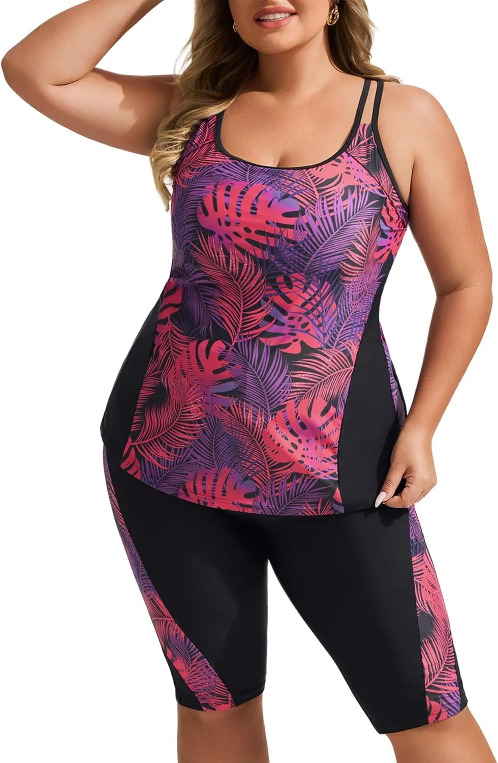 Hanna Nikole Women's Plus Size Tankini Swimsuits Two Piece Bathing Suits Rash Guard Swimwear with Capris Shorts