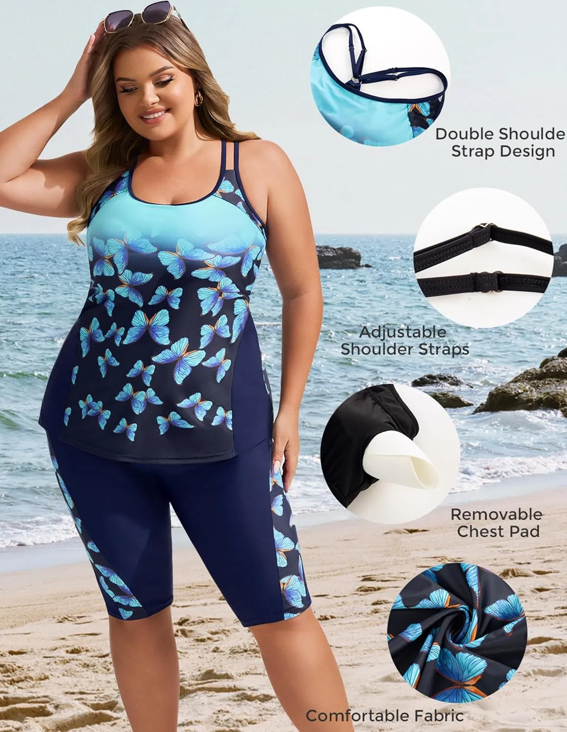Hanna Nikole Women's Plus Size Tankini Swimsuits Two Piece Bathing Suits Rash Guard Swimwear with Capris Shorts