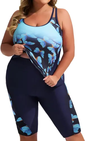 Hanna Nikole Women's Plus Size Tankini Swimsuits Two Piece Bathing Suits Rash Guard Swimwear with Capris Shorts