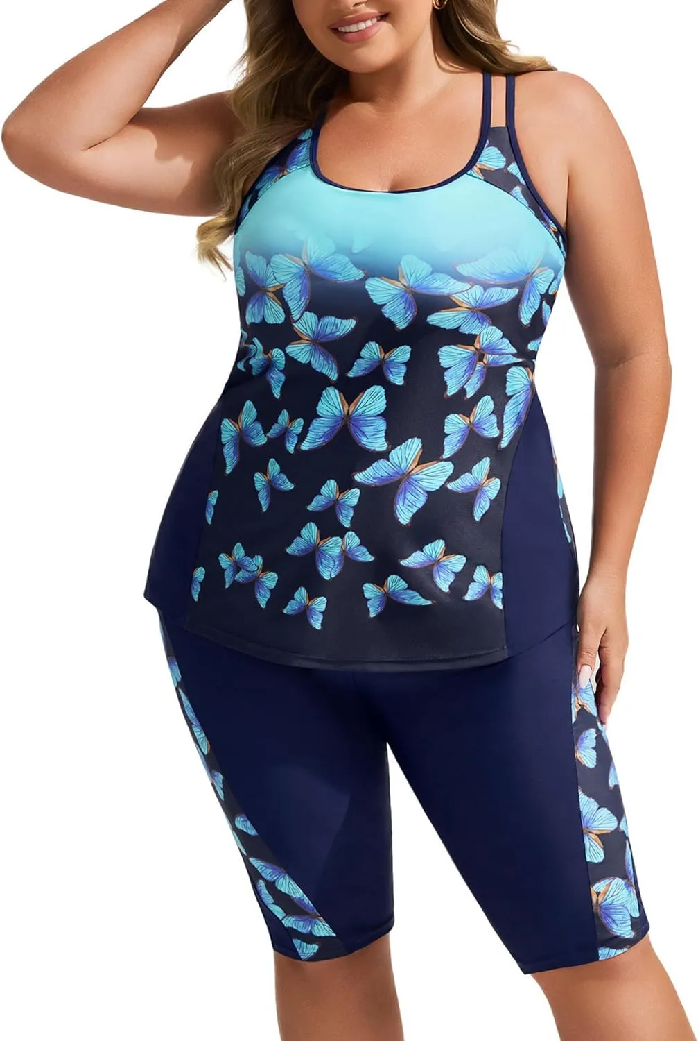 Hanna Nikole Women's Plus Size Tankini Swimsuits Two Piece Bathing Suits Rash Guard Swimwear with Capris Shorts