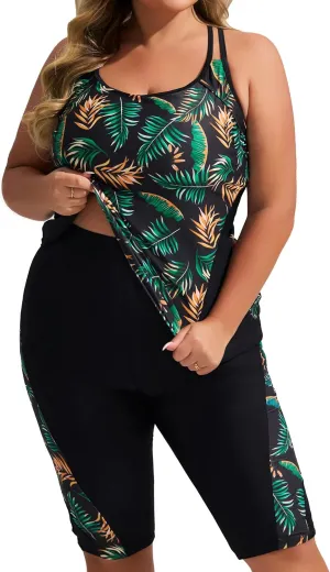 Hanna Nikole Women's Plus Size Tankini Swimsuits Two Piece Bathing Suits Rash Guard Swimwear with Capris Shorts