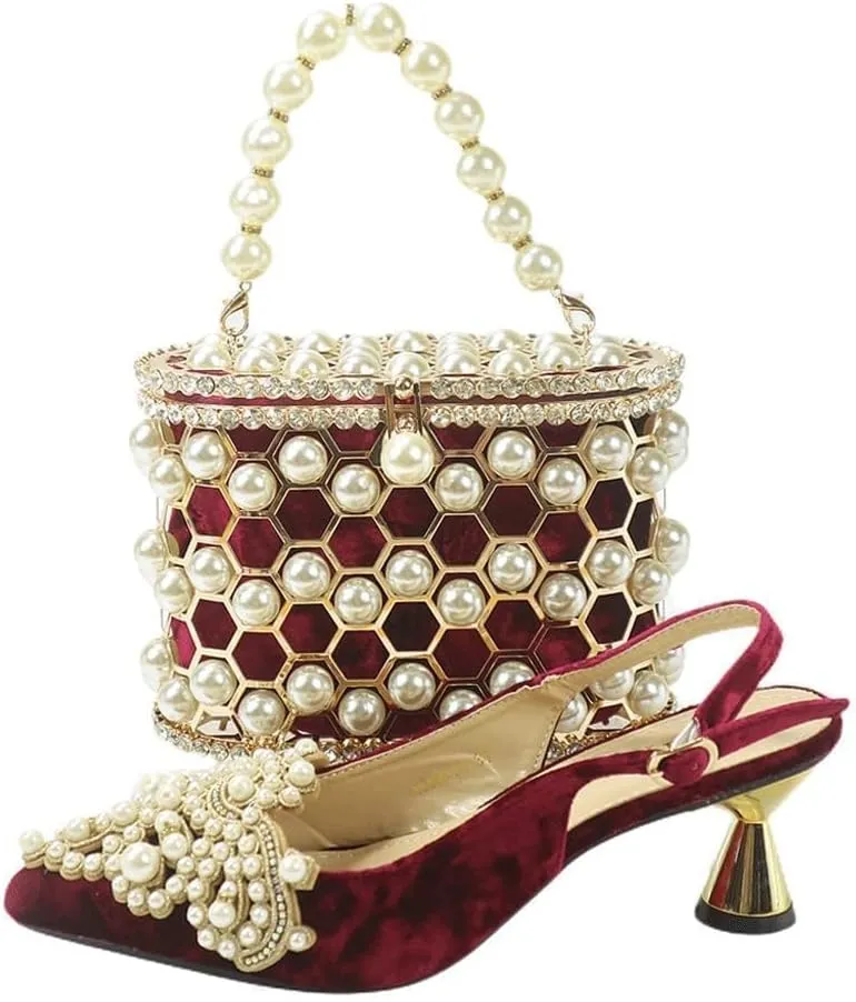 HBJWOV Elegant Pearl accessories High heels Pointed wine glass with suede bundle pocket Pearl metal frame bucket bag