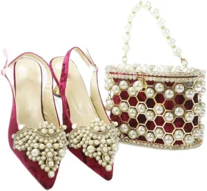 HBJWOV Elegant Pearl accessories High heels Pointed wine glass with suede bundle pocket Pearl metal frame bucket bag