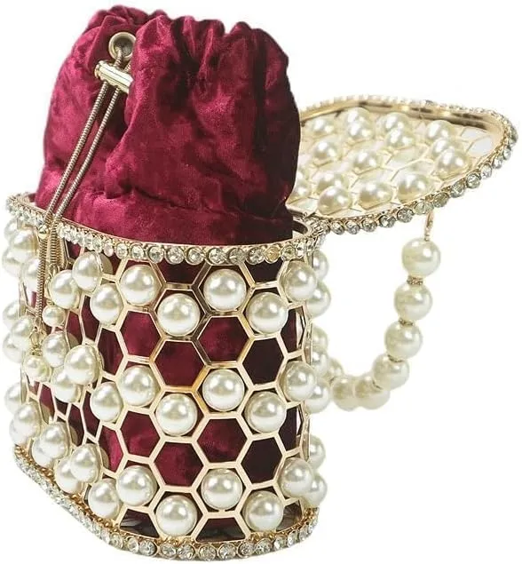HBJWOV Elegant Pearl accessories High heels Pointed wine glass with suede bundle pocket Pearl metal frame bucket bag
